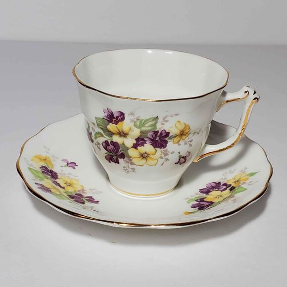 Old Royal Demitasse (Small) Teacup and Saucer Purple Yellow Flowers Vintage - Picture 9 of 9